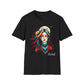 Black unisex cotton t-shirt featuring bold "Feral" graphic: vibrant abstract portrait of a fierce woman with wild flowing multicolored hair, intense expression, tribal markings and forehead jewel, colorful geometric accents, and dynamic paint splatters in red, orange, teal, blue, and gold tones bursting outward around an orange moon background. White elegant cursive "Feral" text below. Wild feminine energy motivational crewneck tee.