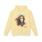 Yellow hoodie with a colorful graphic of a woman's face and the word 'Feral' on a white background