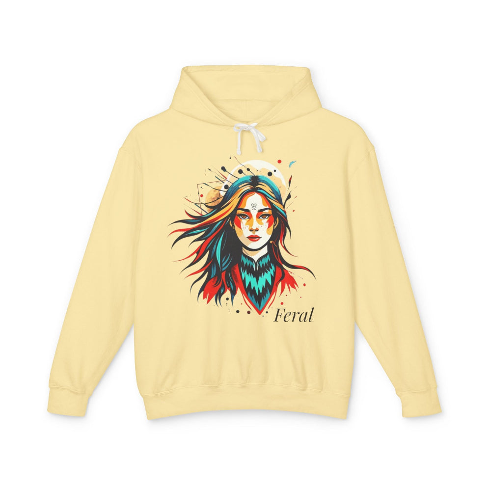 Yellow hoodie with a colorful graphic of a woman's face and the word 'Feral' on a white background