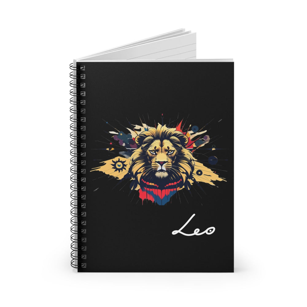 Notebook with a colorful abstract lion head portrait, intense expression, flowing mane, and paint splatters on a black background, featuring the word "Leo" in elegant white cursive.