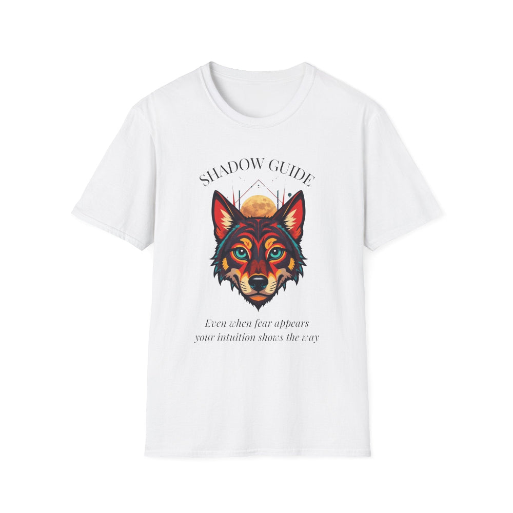 White unisex cotton t-shirt featuring bold "Shadow Guide" graphic: vibrant abstract wolf head portrait with intense blue-green eyes, colorful geometric accents, and dynamic paint splatters in red, orange, teal, blue, and gold tones bursting outward around an orange moon background. Arched white text "SHADOW GUIDE" above and smaller inspirational quote "Even when fear appears, your intuition shows the way" below. Motivational spiritual empowerment crewneck tee.