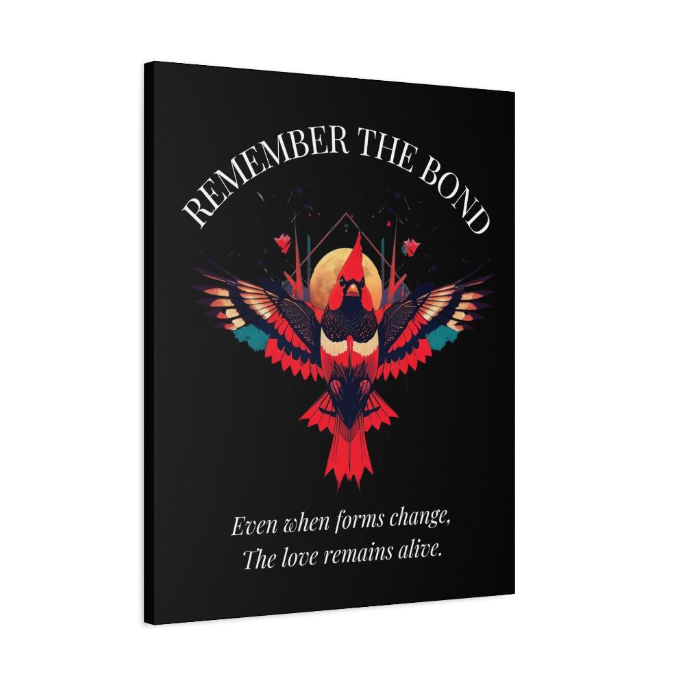 Remember The Bond" cardinal graphic wall art on a black canvas wrap. Features a vibrant red bird illustration and white inspirational quote.