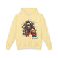 Yellow hoodie with a graphic design of a woman and the word 'Feral' on a white background