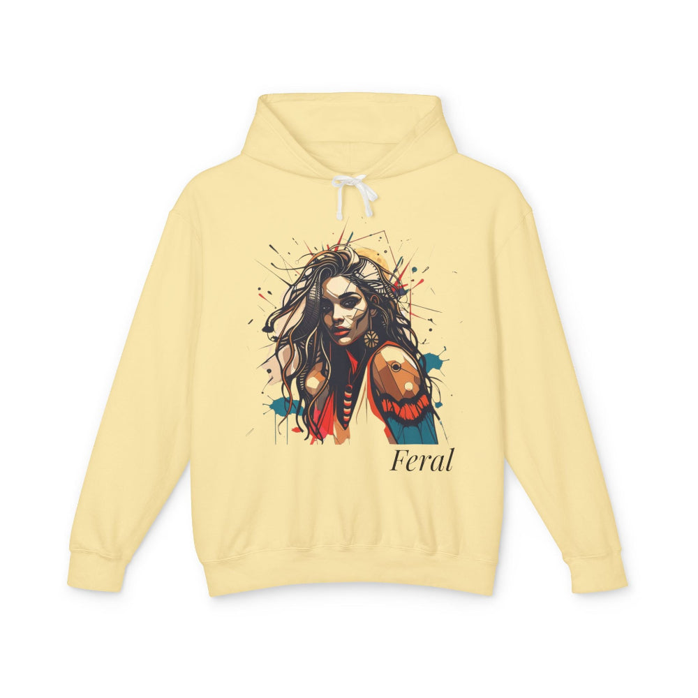 Yellow hoodie with a graphic design of a woman and the word 'Feral' on a white background