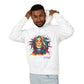 Young man with short hair pulling up the hood of a white hoodie featuring vibrant artistic portrait of a fierce woman with curly multicolored flowing hair, teal red blue orange face accents, large hoop earrings, third-eye symbol, "Feral" text below