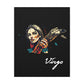 Close up of black canvas wall art print of colorful abstract Virgo woman holding wheat sheaf, serene expression, stylish hair, and cosmic splatters on dark background, featuring "Virgo" in elegant white cursive.