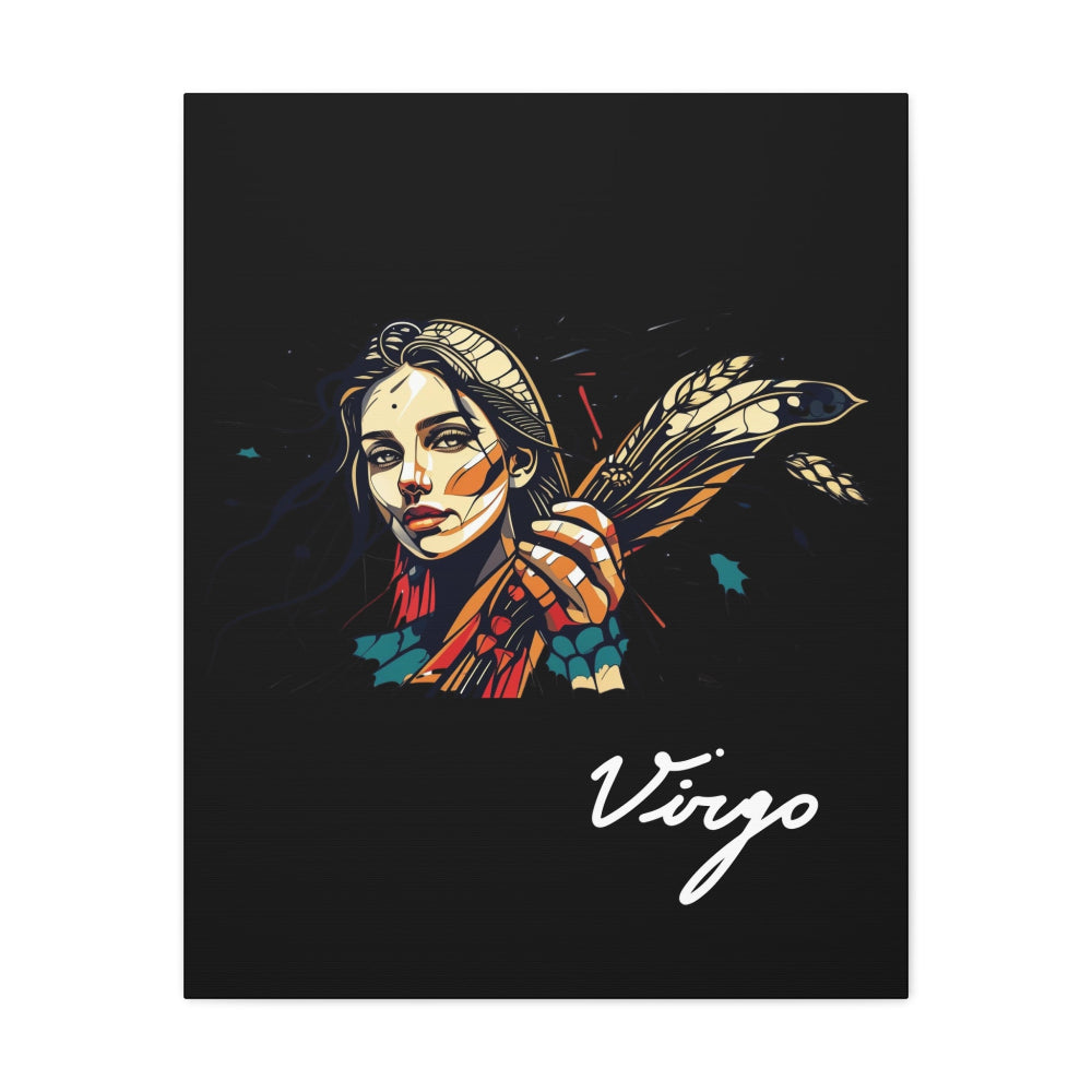 Close up of black canvas wall art print of colorful abstract Virgo woman holding wheat sheaf, serene expression, stylish hair, and cosmic splatters on dark background, featuring "Virgo" in elegant white cursive.