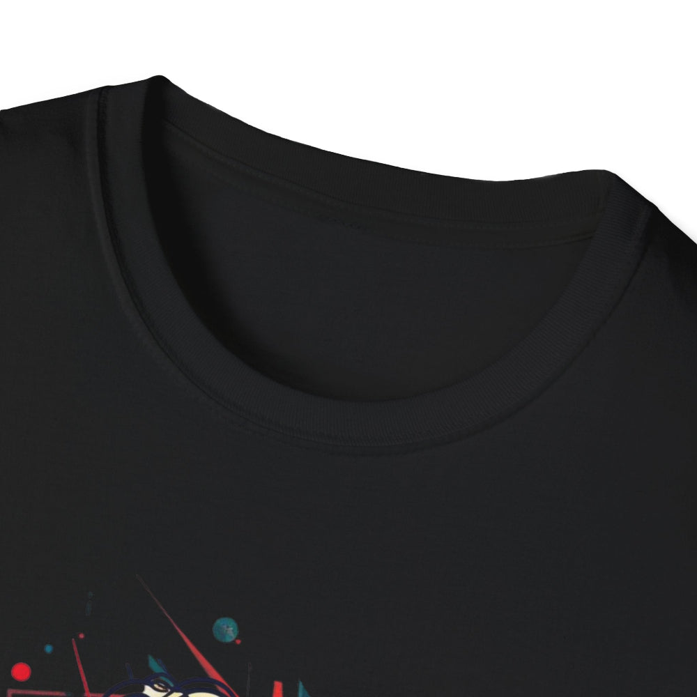 Close-up view of black unisex cotton crewneck t-shirt collar: soft ribbed neckline with clean stitching and comfortable fit. Premium quality durable crew neck construction detail on black graphic tee.