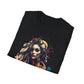Black folded unisex cotton t-shirt featuring bold "Feral" graphic print: vibrant abstract portrait of a fierce woman with wild flowing hair, intense expression, tribal markings, colorful geometric accents, and dynamic paint splatters in red, orange, teal, blue, and gold tones bursting outward around an orange moon background. White elegant cursive "Feral" text below. Wild feminine energy motivational crewneck tee.