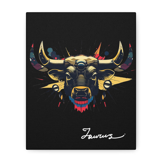 Close up of black canvas wall art print of colorful abstract Taurus bull head with large curved horns, intense expression, geometric patterns, and cosmic splatters on dark background, featuring "Taurus" in elegant white cursive.
