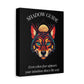 Black canvas wall art print of colorful abstract wolf head with intense blue-green eyes, geometric accents, and cosmic splatters on dark background. Arched white text "SHADOW GUIDE" above and quote "Even when fear appears, your intuition shows the way" below.