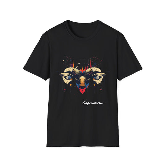 Black unisex cotton t-shirt featuring bold Capricorn zodiac graphic: vibrant abstract goat/ram head portrait with large curved horns, intense glowing eyes, geometric diamond accents, flowing beard details, and dynamic multicolored paint splatters in gold, red, navy, teal, and black tones exploding outward. Elegant white cursive "Capricorn" text below. Astrology zodiac motivational crewneck tee.