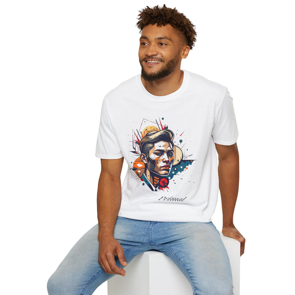White unisex cotton t-shirt modeled by smiling man with curly hair and beard, featuring bold "Primal" graphic: stylized intense bearded man portrait with short styled hair, vibrant multicolored geometric face in orange, teal, red, yellow and blue tones, dynamic paint splatters bursting outward. Elegant black cursive "Primal" text below. Primal masculine energy motivational crewneck tee.