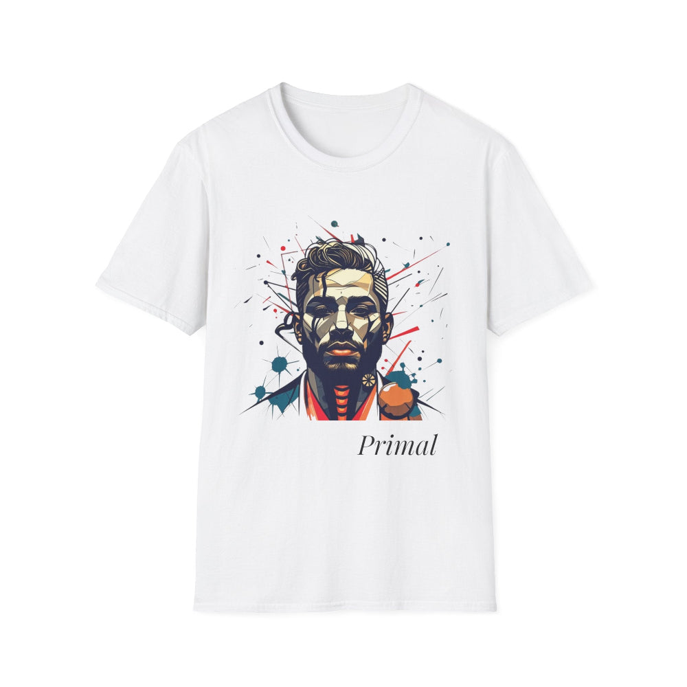 White unisex cotton t-shirt featuring bold Primal graphic print: stylized bearded man portrait with styled hair, intense expression, red shirt accents, and vibrant red, teal, blue abstract paint splatters bursting outward. Elegant black cursive "Primal" text below. Primal masculine energy motivational crewneck tee.