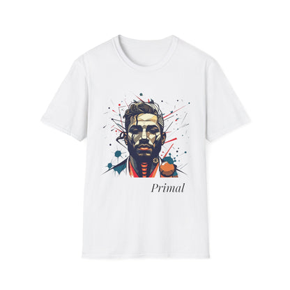 White unisex cotton t-shirt laid out flat featuring bold "Primal" graphic: stylized intense male portrait with stylish hair, vibrant multicolored geometric face in red, orange, teal, blue and gold tones, dynamic paint splatters and abstract shards exploding outward. Elegant white cursive "Primal" text below. Primal masculine energy motivational crewneck tee.