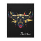 Close up of black canvas wall art print of colorful abstract Taurus bull head with large curved horns, intense expression, geometric patterns, and cosmic splatters on dark background, featuring "Taurus" in elegant white cursive.