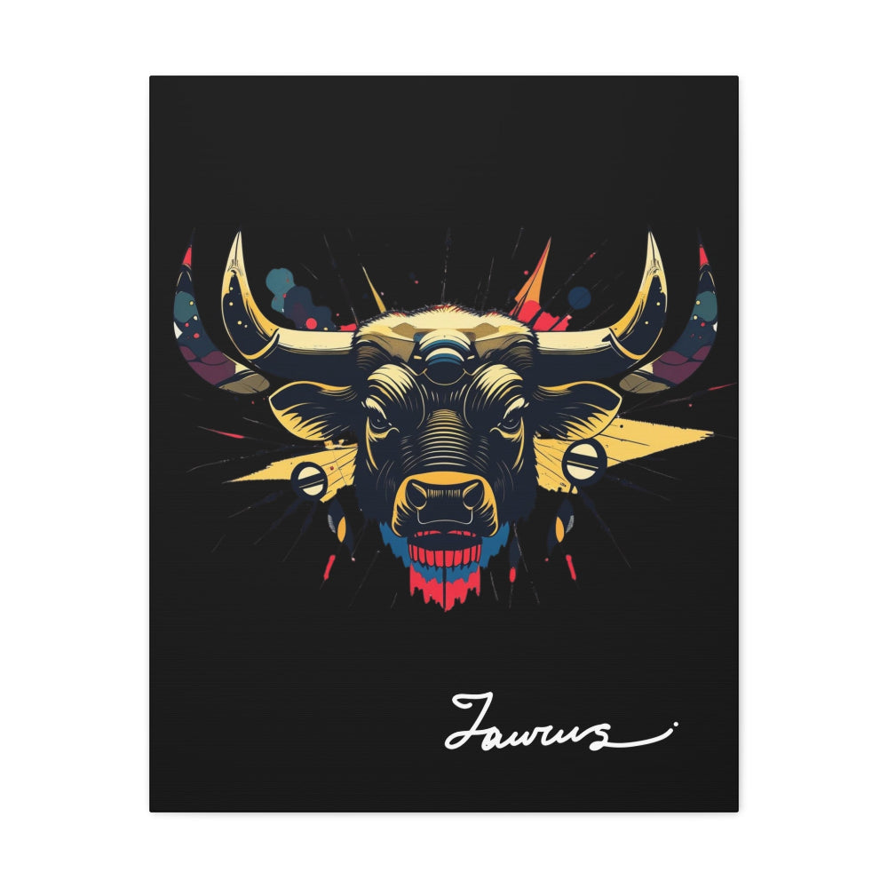 Close up of black canvas wall art print of colorful abstract Taurus bull head with large curved horns, intense expression, geometric patterns, and cosmic splatters on dark background, featuring "Taurus" in elegant white cursive.