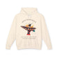 Cream hoodie with 'Move With Grace' inspirational hummingbird graphic and quote 'Even when the world accelerates, Your center remains steady' printed on the front.