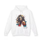 White hoodie with a graphic design of a woman and the word 'Feral' on a white background