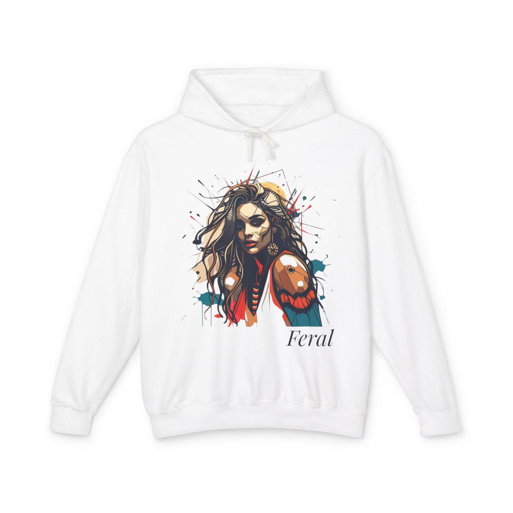 White hoodie with a graphic design of a woman and the word 'Feral' on a white background