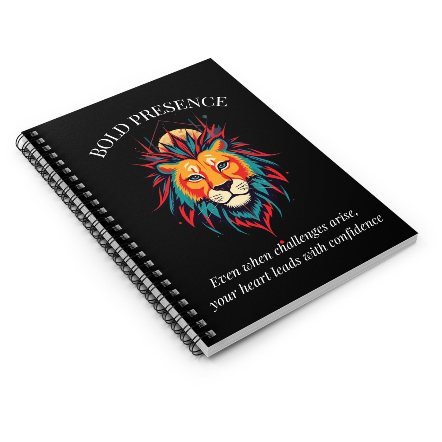 Bold Presence Lion Spiral Notebook — Motivational Ruled Journal