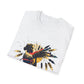 White folded unisex cotton t-shirt featuring bold Virgo zodiac graphic print: vibrant abstract woman holding wheat sheaf, serene expression, flowing hair with headscarf, detailed feathers, geometric accents, and dynamic multicolored paint splatters in gold, red, navy, teal, and black tones bursting outward. Elegant black cursive "Virgo" text below. Astrology zodiac motivational crewneck tee.