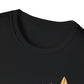 Close-up view of black unisex cotton crewneck t-shirt collar: soft ribbed neckline with clean stitching and comfortable fit. Premium quality durable crew neck construction detail on black graphic tee.