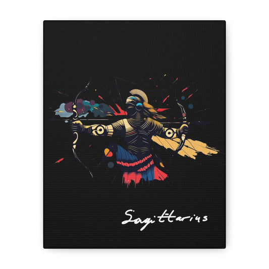 Close-up of Sagittarius zodiac canvas art featuring a colorful abstract archer drawing a bow in dynamic warrior pose with flowing cape and paint splatters on a black background, featuring the word "Sagittarius".