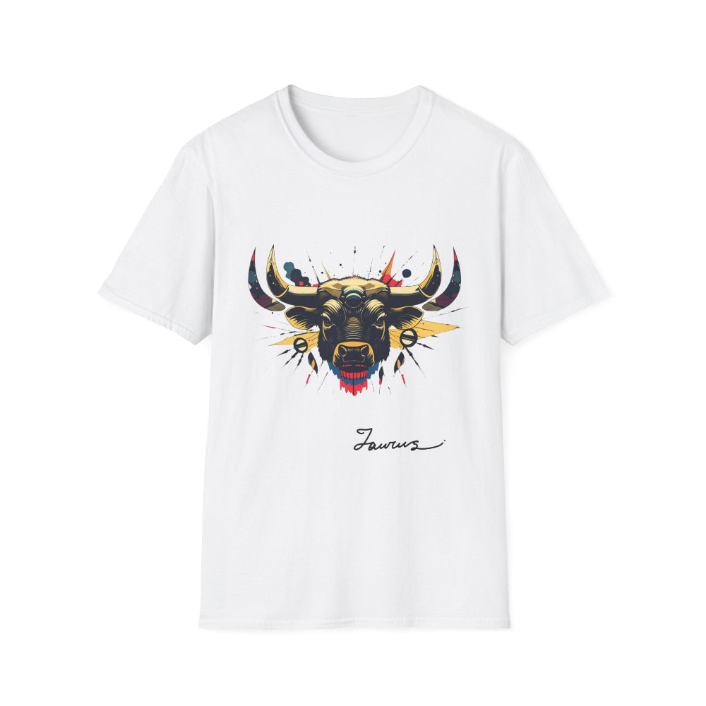 White unisex cotton t-shirt featuring bold Taurus zodiac graphic: vibrant abstract bull head portrait with large curved horns, intense expression, geometric patterns, and dynamic multicolored paint splatters in gold, red, navy, teal, and black tones exploding outward. Elegant black cursive "Taurus" text below. Astrology zodiac motivational crewneck tee.
