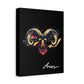 Black canvas wall art print of colorful abstract Aries ram head with curved horns, intense eyes, geometric patterns, and cosmic splatters on dark background, featuring "Aries" in elegant white cursive.
