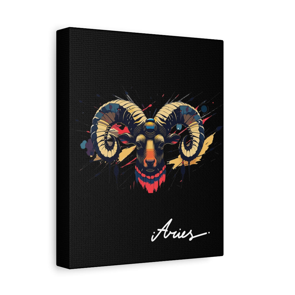 Black canvas wall art print of colorful abstract Aries ram head with curved horns, intense eyes, geometric patterns, and cosmic splatters on dark background, featuring "Aries" in elegant white cursive.