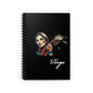 Notebook with a colorful abstract Virgo woman holding wheat sheaf, serene expression, flowing hair, and paint splatters on a black background, featuring the word "Virgo".