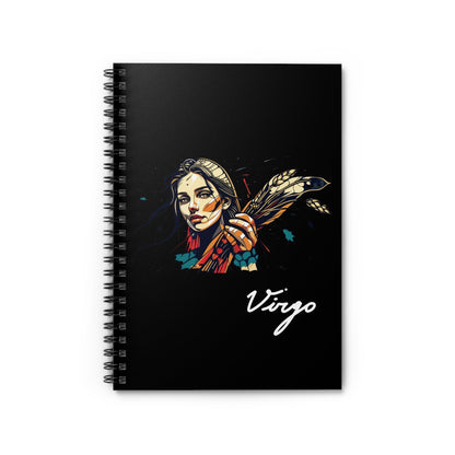 Notebook with a colorful abstract Virgo woman holding wheat sheaf, serene expression, stylish hair, and paint splatters on a black background, featuring the word "Virgo" in elegant white cursive.