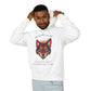 Young man with short hair pulling up the hood of a cream hoodie featuring vibrant multicolored wolf head graphic, intense eyes in orange blue teal splashes, full moon above, "SHADOW GUIDE" arched text, motivational quote about intuition and fear below