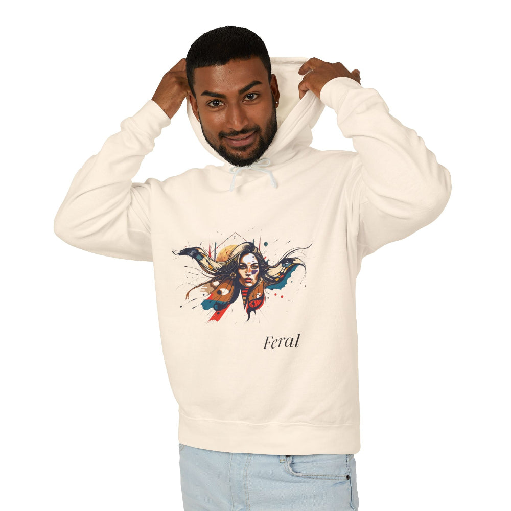 Man wearing a white hoodie with a colorful graphic design and the word 'Feral' on a white background