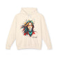 Beige hoodie with a colorful graphic of a woman's face and the word 'Feral' on a white background
