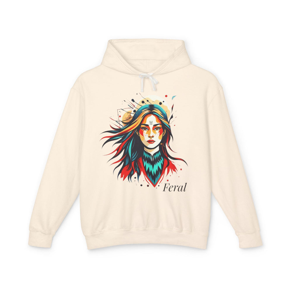 Beige hoodie with a colorful graphic of a woman's face and the word 'Feral' on a white background