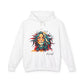 White hoodie with colorful lion graphic and 'Feral' text on a white background