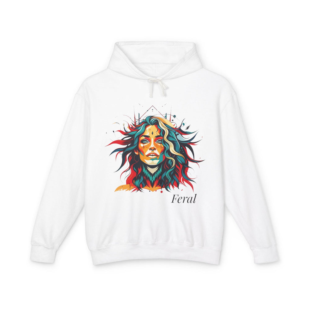 White hoodie with colorful lion graphic and 'Feral' text on a white background