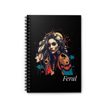 Close up of notebook with a colorful abstract fierce woman portrait, wild flowing hair, tribal markings, geometric accents, and paint splatters on a black background, featuring the word "Feral".