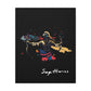 Close-up of Sagittarius zodiac canvas art featuring a colorful abstract archer drawing a bow in dynamic warrior pose with flowing cape and paint splatters on a black background, featuring the word "Sagittarius".