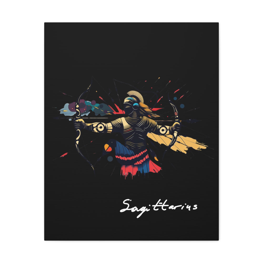 Close-up of Sagittarius zodiac canvas art featuring a colorful abstract archer drawing a bow in dynamic warrior pose with flowing cape and paint splatters on a black background, featuring the word "Sagittarius".