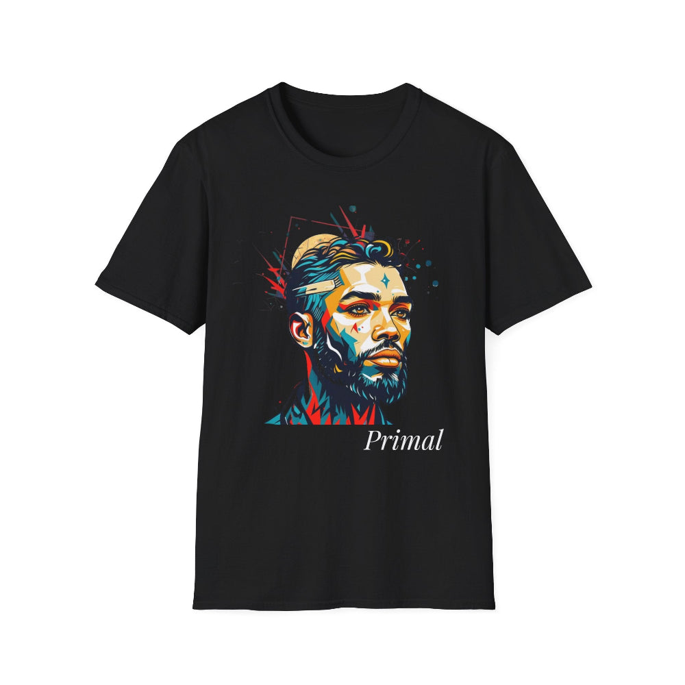 Black unisex cotton t-shirt featuring bold "Primal" graphic print: stylized intense bearded man portrait with short styled hair, vibrant multicolored geometric face in red, teal, orange, yellow and blue tones, dynamic paint splatters and abstract shards exploding outward. Elegant white cursive "Primal" text below. Primal masculine energy motivational crewneck tee.