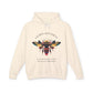 Off-white hoodie laid flat, featuring a vibrant colorful bee graphic with the text "SACRED ALIGNMENT" arched above and the quote "Even when progress is quiet, the harvest is still forming" below. Motivational streetwear apparel.