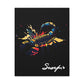 Close up of black canvas wall art print of colorful abstract Scorpio scorpion with raised stinger, intense eyes, intricate tail and pincers, geometric patterns, and cosmic splatters on dark background, featuring "Scorpio" in elegant white cursive.