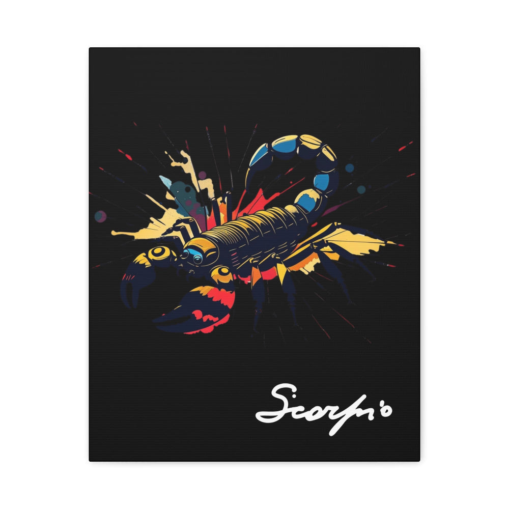 Close up of black canvas wall art print of colorful abstract Scorpio scorpion with raised stinger, intense eyes, intricate tail and pincers, geometric patterns, and cosmic splatters on dark background, featuring "Scorpio" in elegant white cursive.