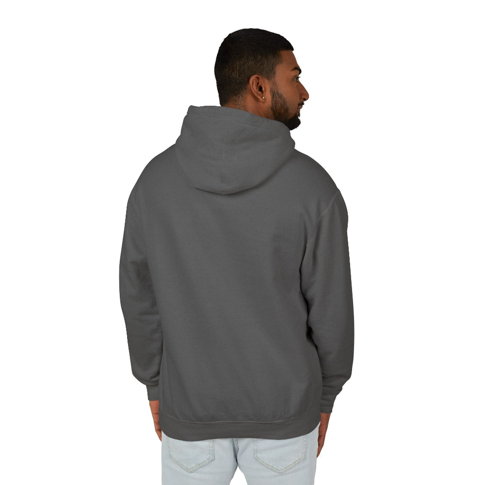 Back view of a man wearing charcoal gray hoodie, plain solid fabric with no print or design, hood up