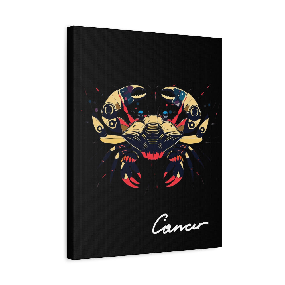 Black canvas wall art print of colorful abstract Cancer crab illustration with intricate details and cosmic splatters on dark background, featuring "Cancer" in elegant white cursive.