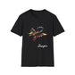 Black unisex cotton t-shirt featuring bold Scorpio zodiac graphic: vibrant abstract scorpion silhouette with raised stinger, intense glowing eyes, detailed tail & pincers, geometric patterns, and explosive multicolored paint splatters in gold, red, navy, teal, and black tones bursting outward. Elegant white cursive "Scorpio" text below. Astrology zodiac motivational crewneck tee.