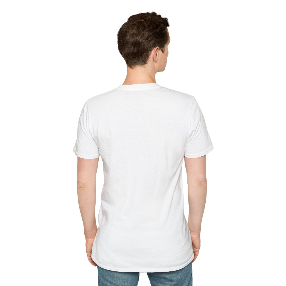White unisex cotton t-shirt back view on male model with short brown hair: plain blank white back with no print or design, short sleeves, relaxed fit, clean crewneck collar, straight hem, and natural drape. Soft comfortable premium basic white t-shirt rear view.